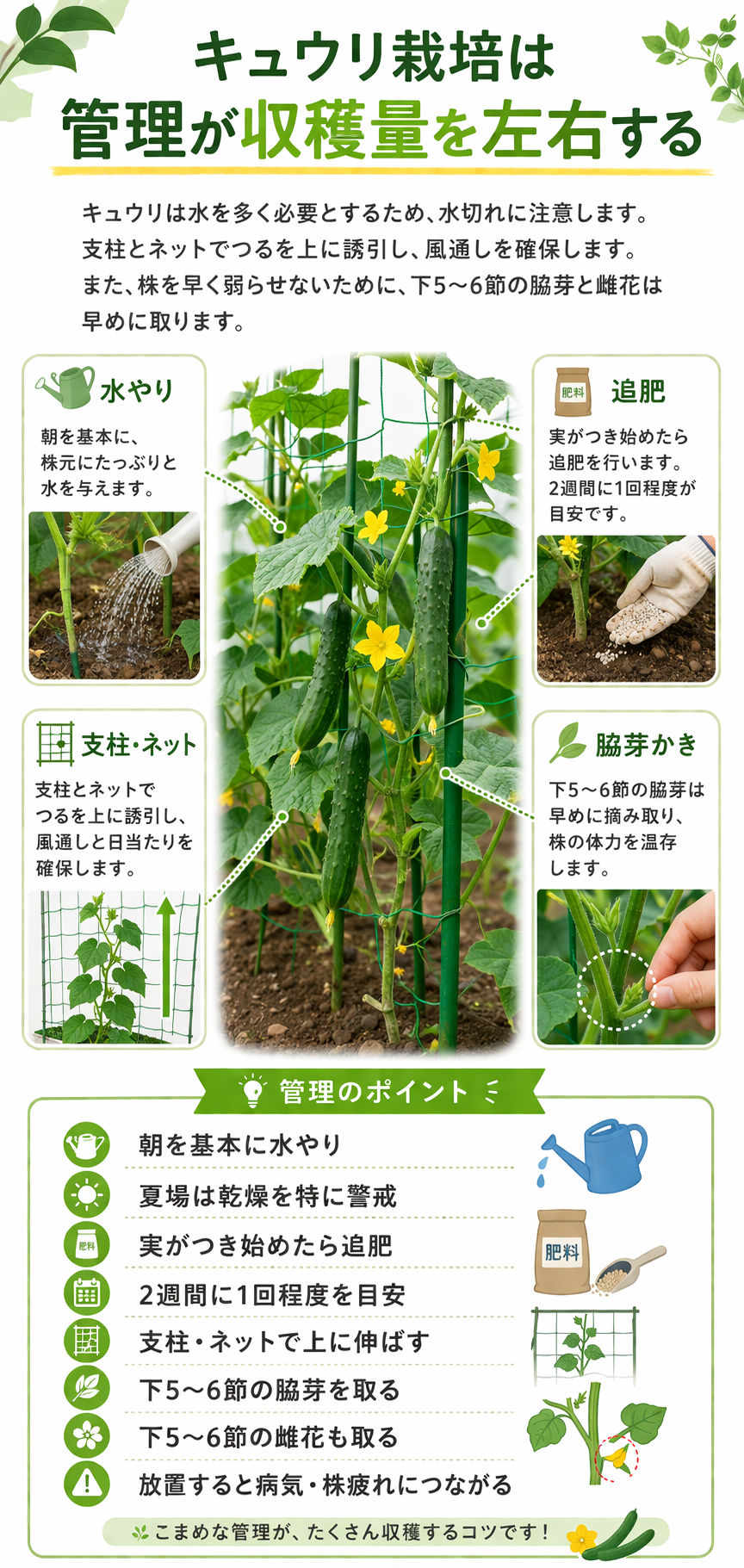 キュウリ栽培は管理が収穫量を左右する。水やり、追肥、支柱とネット、脇芽かきなど管理のポイント。
