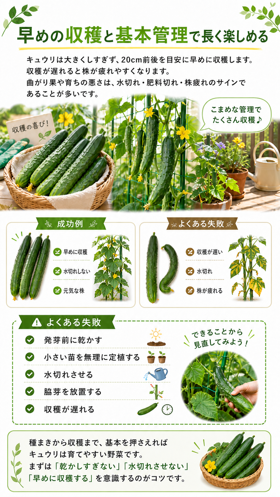 早めの収穫と基本管理で長く楽しめる。成功例、よくある失敗、見直したい管理ポイント。
