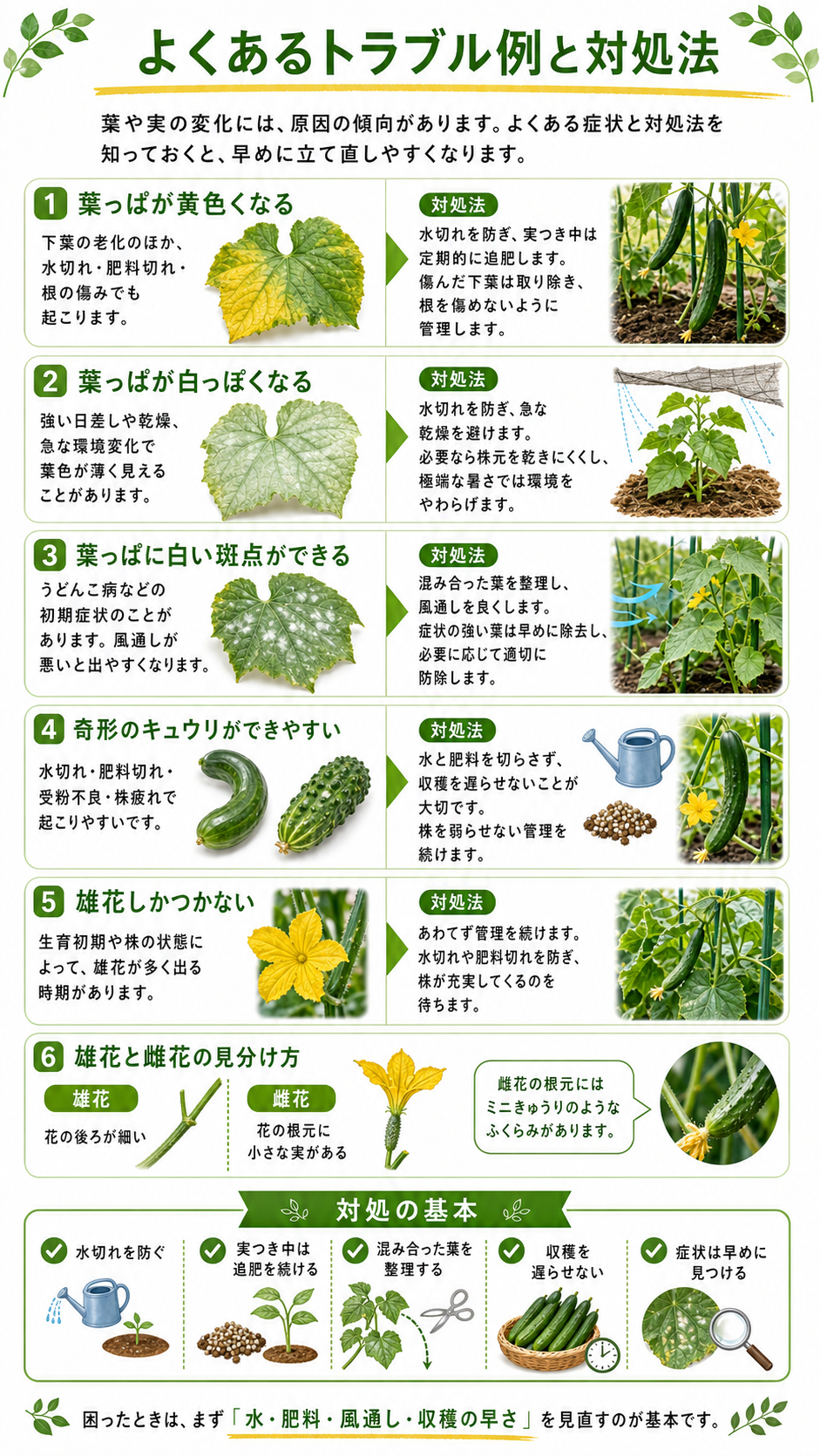 よくあるトラブル例と対処法。葉が黄色くなる、白っぽくなる、白い斑点、奇形果、雄花ばかり咲く場合の対処。