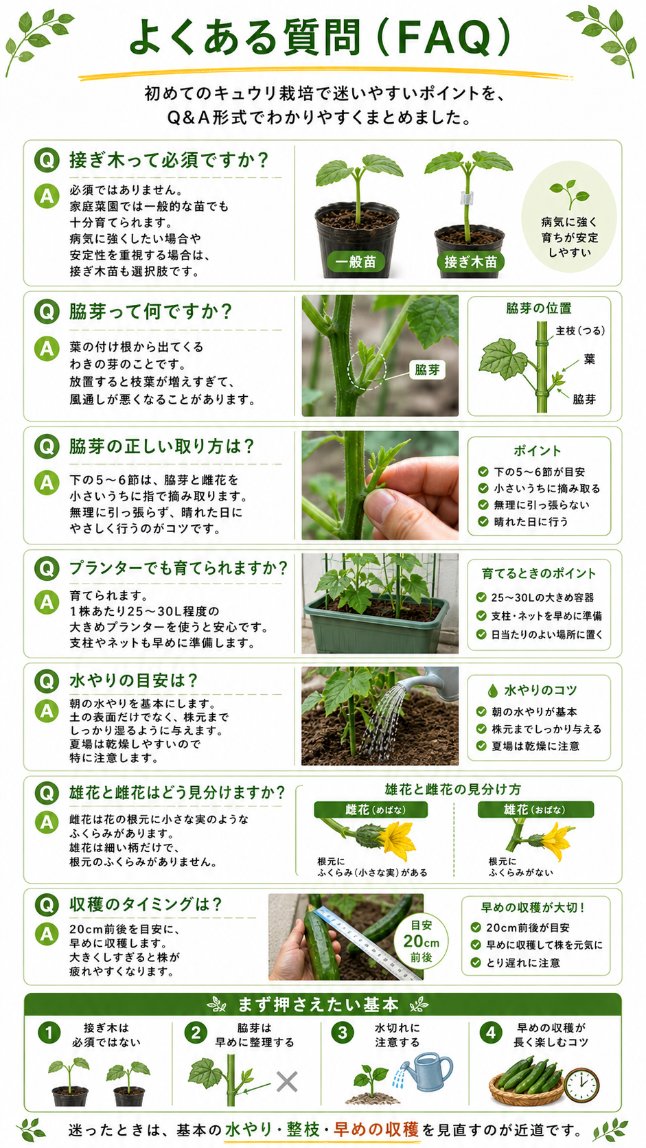 よくある質問。接ぎ木苗、脇芽、水やり、プランター栽培、雄花と雌花、収穫のタイミングについてのQ&A。