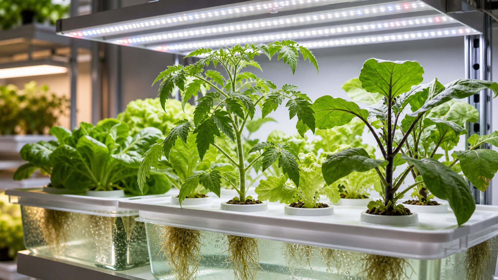LEDライトの下で水耕栽培される野菜苗と根が見えるアイキャッチ画像